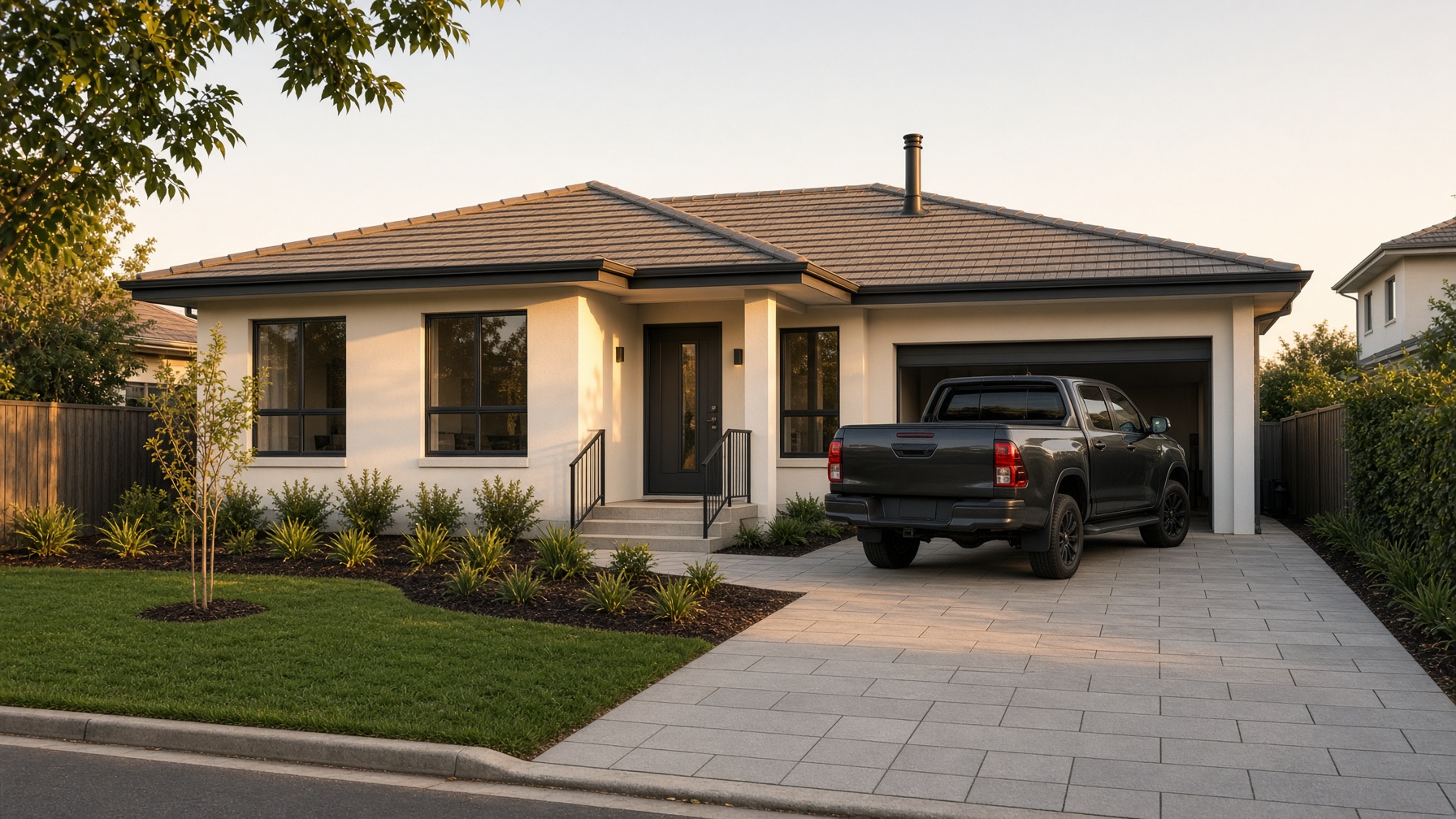 A suburban house with a new roof and a trades ute in the driveway